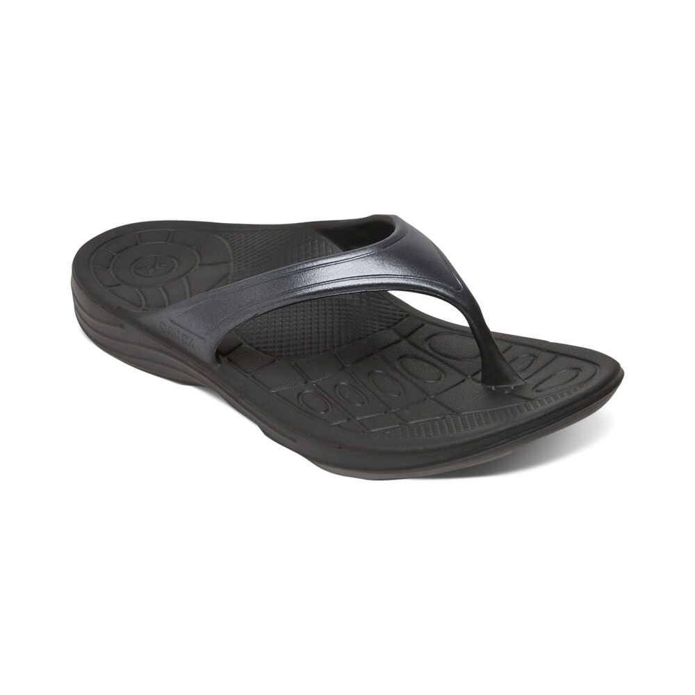 Aetrex Women's Fiji Orthotic Flip Flops - Black | USA HQQJX4V